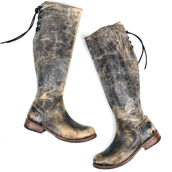 BED|STU Shoes - Bedstu Tall Leather Boots Manchester Distressed Brown Lace Back Low Heel Size 9
